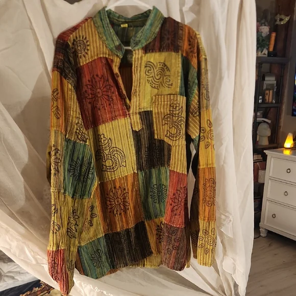 Handmade In NEPAL Boho Colorful Patchwork Long Sleeve Shirt - Picture 1 of 2